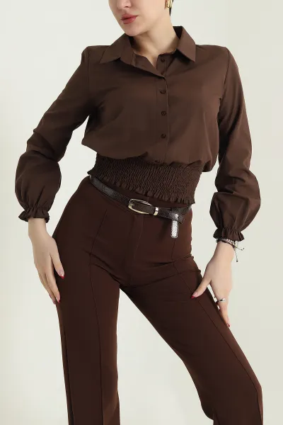 Kahverengi Gipeli Poplin Kadın Gömlek Bluz 436994