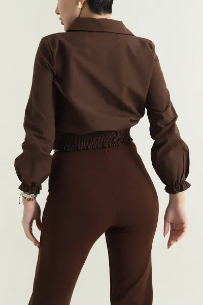 Kahverengi Gipeli Poplin Kadın Gömlek Bluz 436994