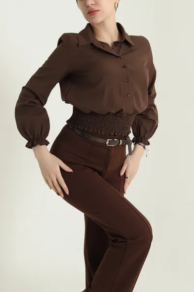 Kahverengi Gipeli Poplin Kadın Gömlek Bluz 436994