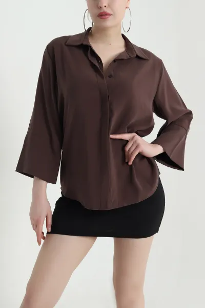 Kahverengi Gizli Pat Oversize Modal Kadın Gömlek 440202