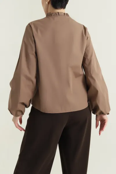 Kahverengi Gizli Patlı Poplin Kadın Gömlek Bluz 435737