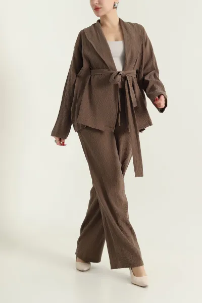 Kahverengi Gofre Kimono Pantolon Kadın İkili Takım 429932