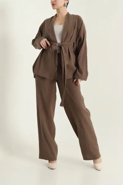 Kahverengi Gofre Kimono Pantolon Kadın İkili Takım 429932