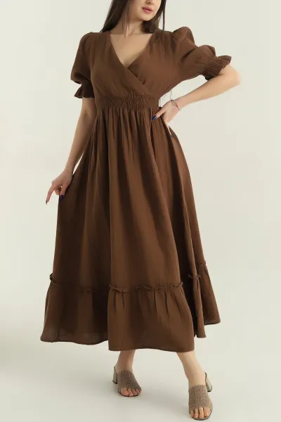 kahverengi-gofreli-gipeli-muslin-keten-kadin-elbise-351091