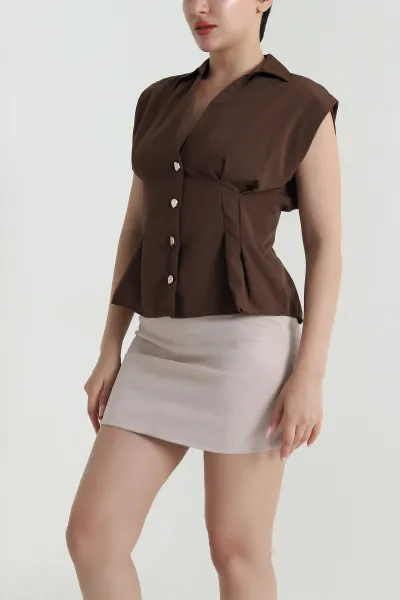 Kahverengi Gold Düğmeli Poplin Kadın Yelek 465404