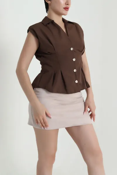 Kahverengi Gold Düğmeli Poplin Kadın Yelek 465404