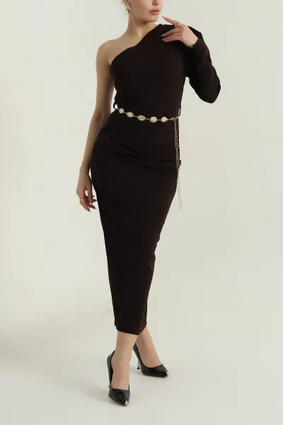 Kahverengi Gold Kemerli Crep Kadın Abiye 406474