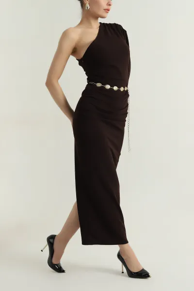 Kahverengi Gold Kemerli Crep Kadın Abiye 406474