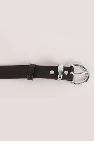 Kahverengi Gümüş Oval Toka Detaylı Kadın İnce Kemer 335464