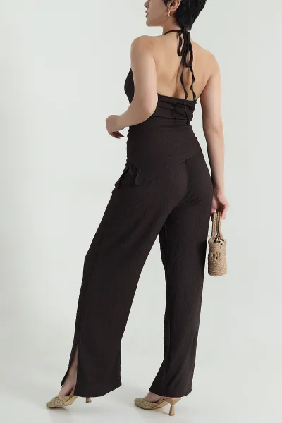 Kahverengi Halter Yaka Bürümcük Kadın İkili Takım 470287