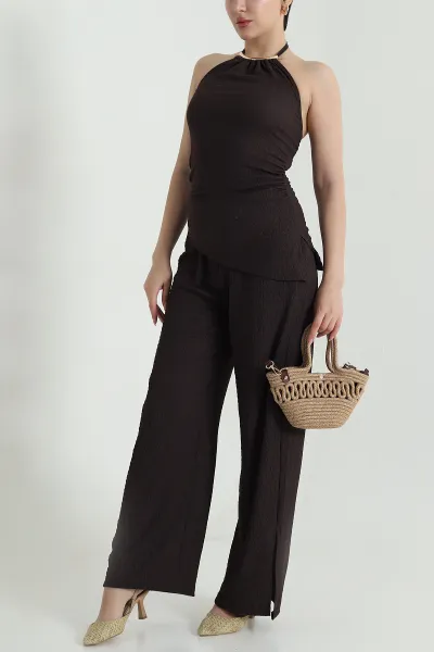 Kahverengi Halter Yaka Bürümcük Kadın İkili Takım 470287
