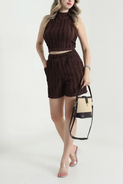 Kahverengi Halter Yaka Şortlu Kadın İkili Takım 478118