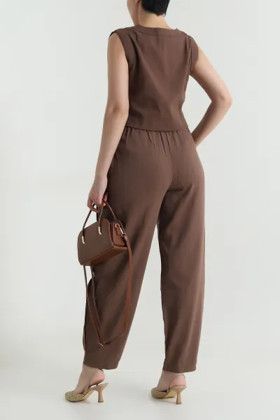 Kahverengi Ham Keten Kadın İkili Takım 465984
