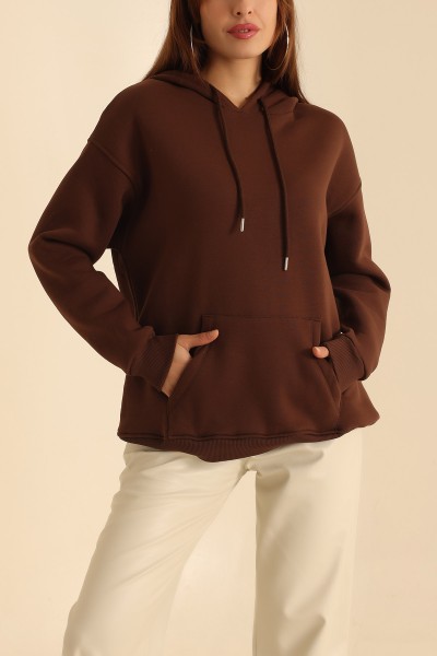 Kahverengi İçi Şardonlu Kanguru Cep Sweat 207838