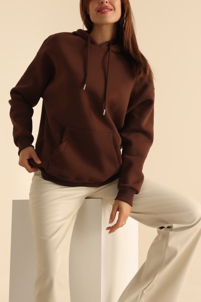 Kahverengi İçi Şardonlu Kanguru Cep Sweat 207838