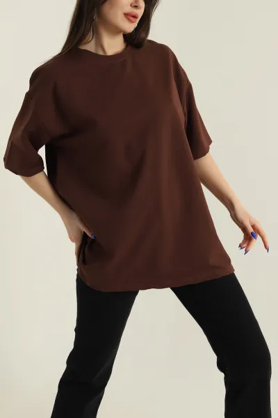Kahverengi İki İp Bisiklet Yaka Kadın Oversize Tişört 423911