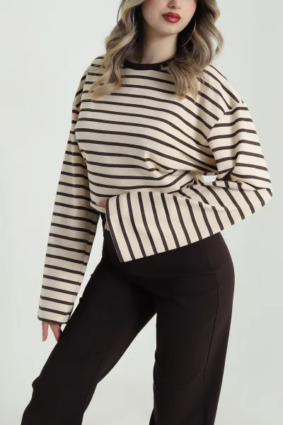 Kahverengi İki İp Çizgili Kadın Sweat 490508