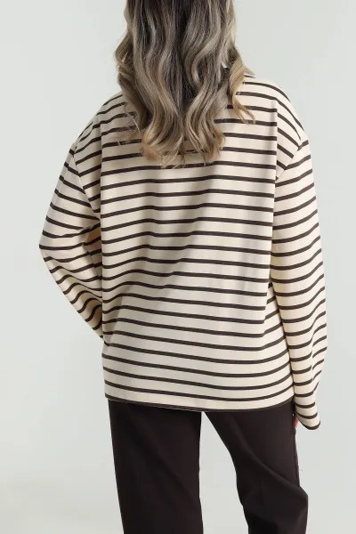 Kahverengi İki İp Çizgili Kadın Sweat 490508