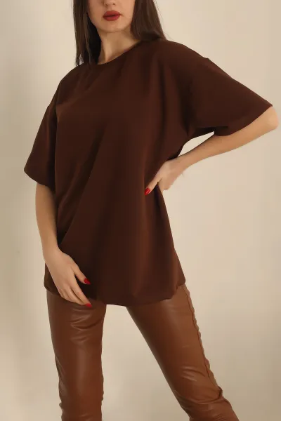 Kahverengi İki İp Oversize Bayan Tişört 234377