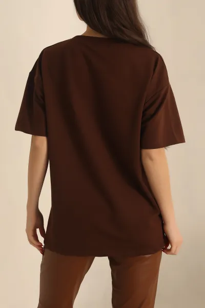 Kahverengi İki İp Oversize Bayan Tişört 234377