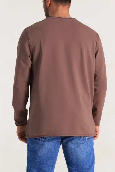 Kahverengi İki İp Yırtık Yaka Detaylı Basic Erkek Sweatshirt 299821