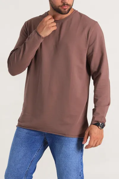 Kahverengi İki İp Yırtık Yaka Detaylı Basic Erkek Sweatshirt 299821