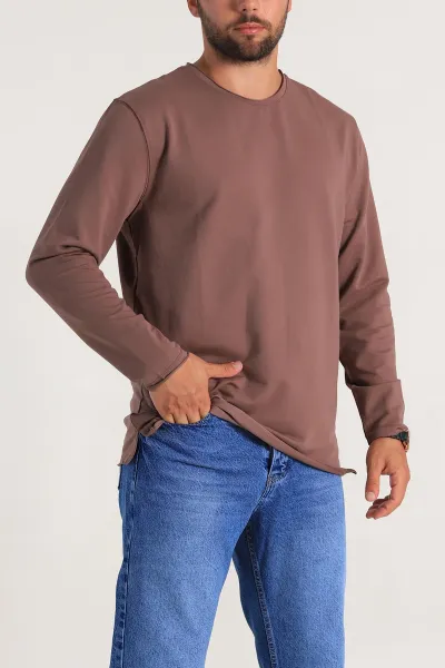 Kahverengi İki İp Yırtık Yaka Detaylı Basic Erkek Sweatshirt 299821