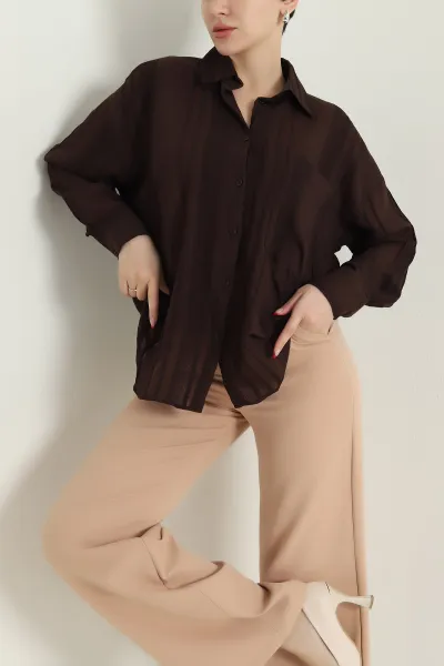 Kahverengi İnce Tencel Buket Kadın Gömlek 432570