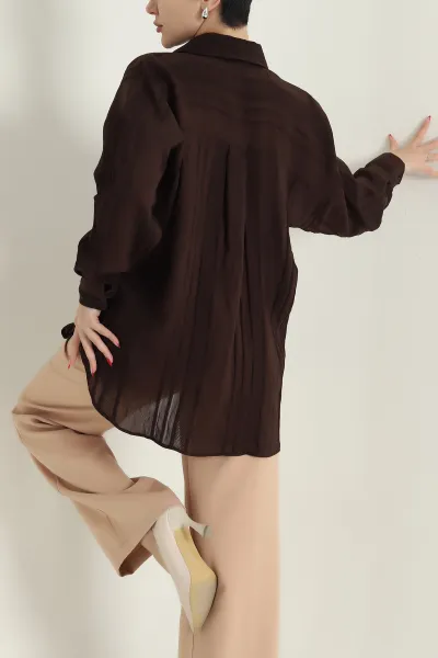 Kahverengi İnce Tencel Buket Kadın Gömlek 432570