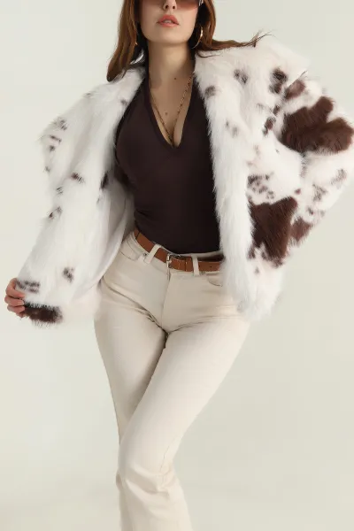 Kahverengi İnek Desen Lolita Kadın Mont 413978