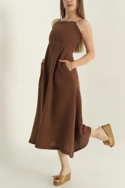 kahverengi-ip-askili-astarli-muslin-keten-kadin-elbise-373415