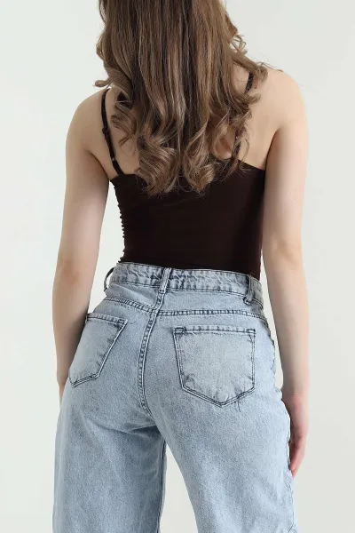 Kahverengi İp Askılı Dantel Kadın Bodysuit 441433