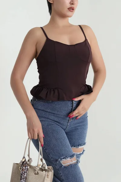 Kahverengi İp Askılı Kadın Yazlık Scuba Kadın Bluz 476033