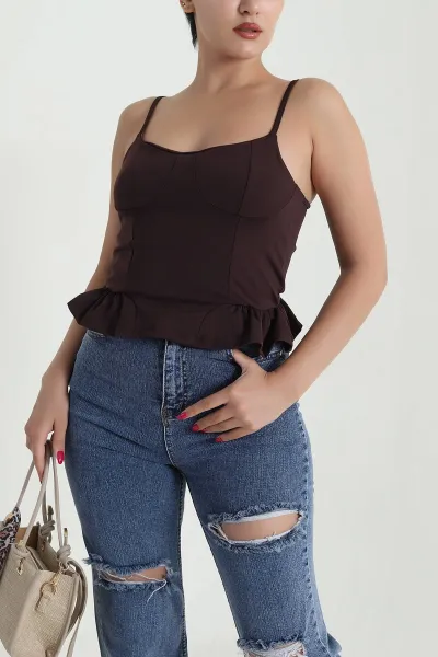 Kahverengi İp Askılı Kadın Yazlık Scuba Kadın Bluz 476033