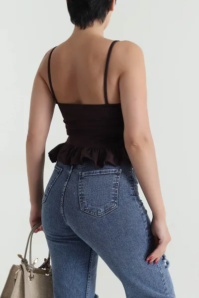 Kahverengi İp Askılı Kadın Yazlık Scuba Kadın Bluz 476033