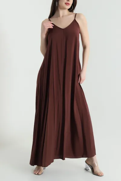 Kahverengi İp Askılı Tencel Kadın Elbise 451193