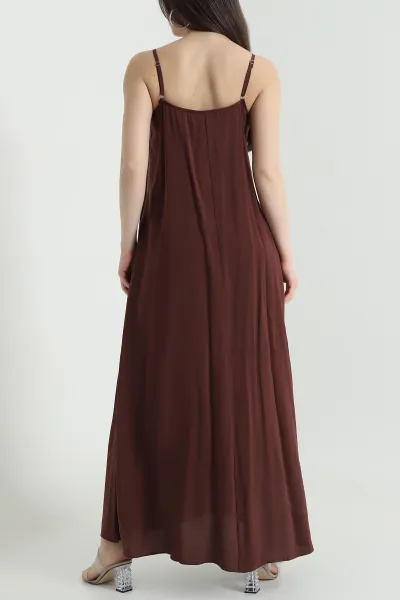 Kahverengi İp Askılı Tencel Kadın Elbise 451193