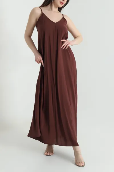 Kahverengi İp Askılı Tencel Kadın Elbise 451193