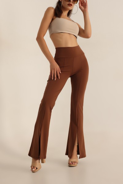 Kahverengi İspanyol Paça YIrtmaçlı Bayan Pantalon 198828