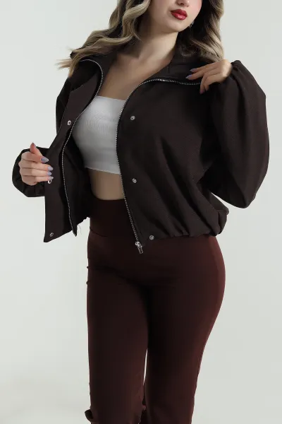 Kahverengi İthal Lusso Kumaş Boğazlı Trend Kadın Mont 496449