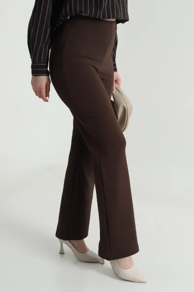 Kahverengi Jakarlı Crep Likralı Kadın Pantolon 491085