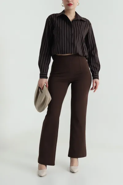 Kahverengi Jakarlı Crep Likralı Kadın Pantolon 491085