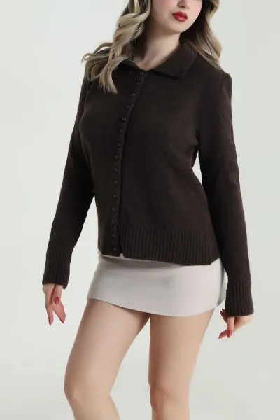 Kahverengi Jazz Polo Yaka Düğmeli Kadın Hırka 485295