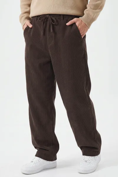 Kahverengi Kadife Baggy Yeni Sezon Belden Bağlamalı Erkek Pantolon 493160