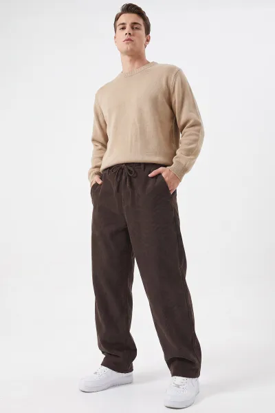 Kahverengi Kadife Baggy Yeni Sezon Belden Bağlamalı Erkek Pantolon 493160