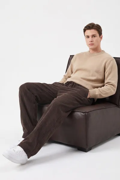 Kahverengi Kadife Baggy Yeni Sezon Belden Bağlamalı Erkek Pantolon 493160