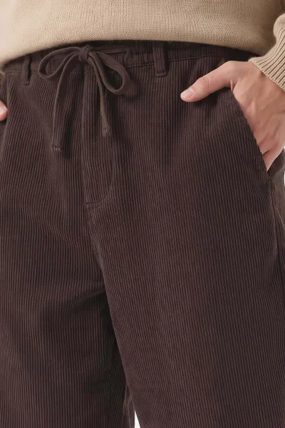 Kahverengi Kadife Baggy Yeni Sezon Belden Bağlamalı Erkek Pantolon 493160