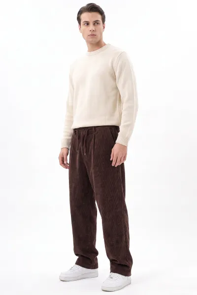 Kahverengi Kadife Kumaş Baggy Erkek Pantolon 491685