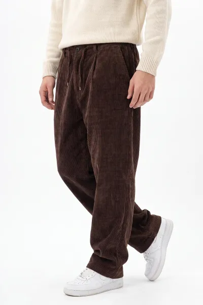 Kahverengi Kadife Kumaş Baggy Erkek Pantolon 491685