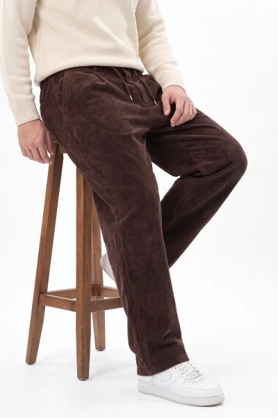 Kahverengi Kadife Kumaş Baggy Erkek Pantolon 491685